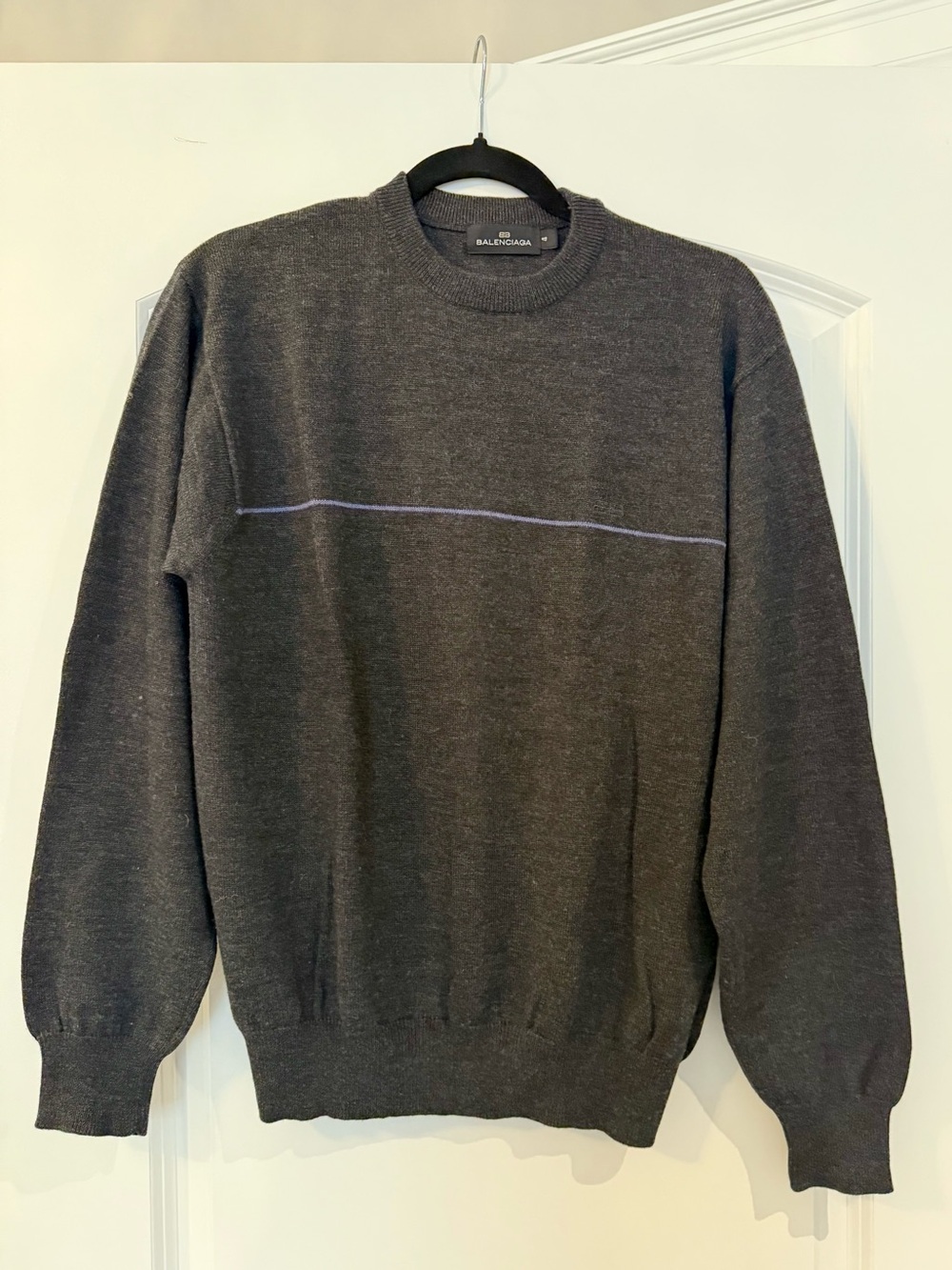 Balenciaga Men's Charcoal Crewneck Sweater with Stripe